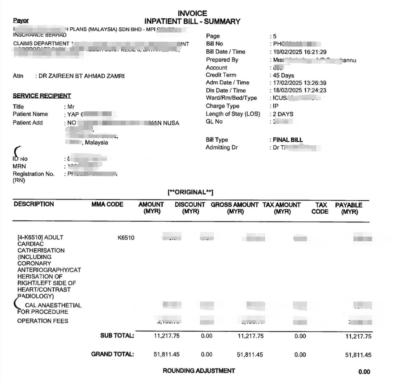 Redacted hospital bill summary for the cardiac catheterisation claim